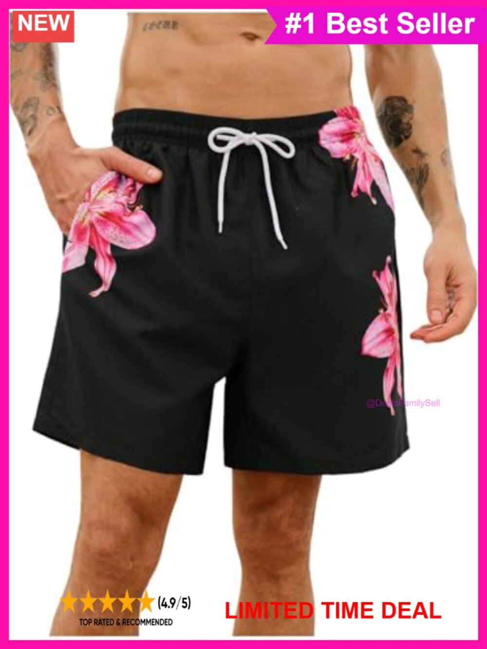 Men's Floral Swim Trunks Drawstring Elastic Waist Board Shorts Pockets